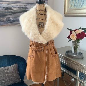 Shearling fur faux suede Gianni Bini designer vest S Brown Tan Cream white